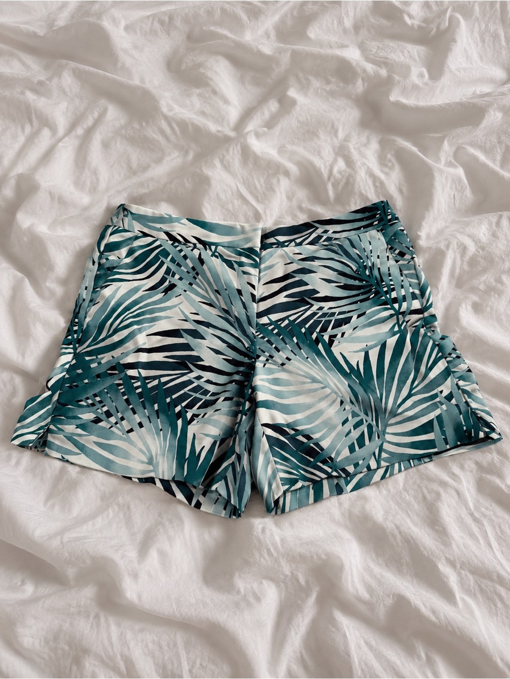 White House Black Market Teal and White Palm Leaf High-Waist Shorts